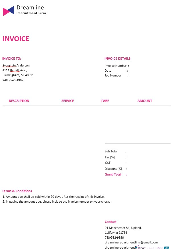 Download Recruitment Firm Invoice Template Photoshop template